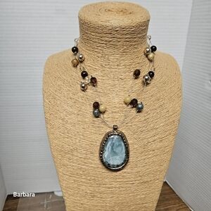 Multi-colored Beaded Choker Necklace with Blue-White Mottled Pendant